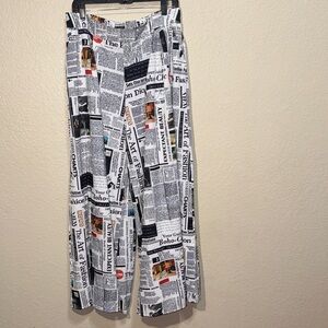 XXL Black & White Newspaper Print Wide Leg Pants | Graphic Statement Trousers